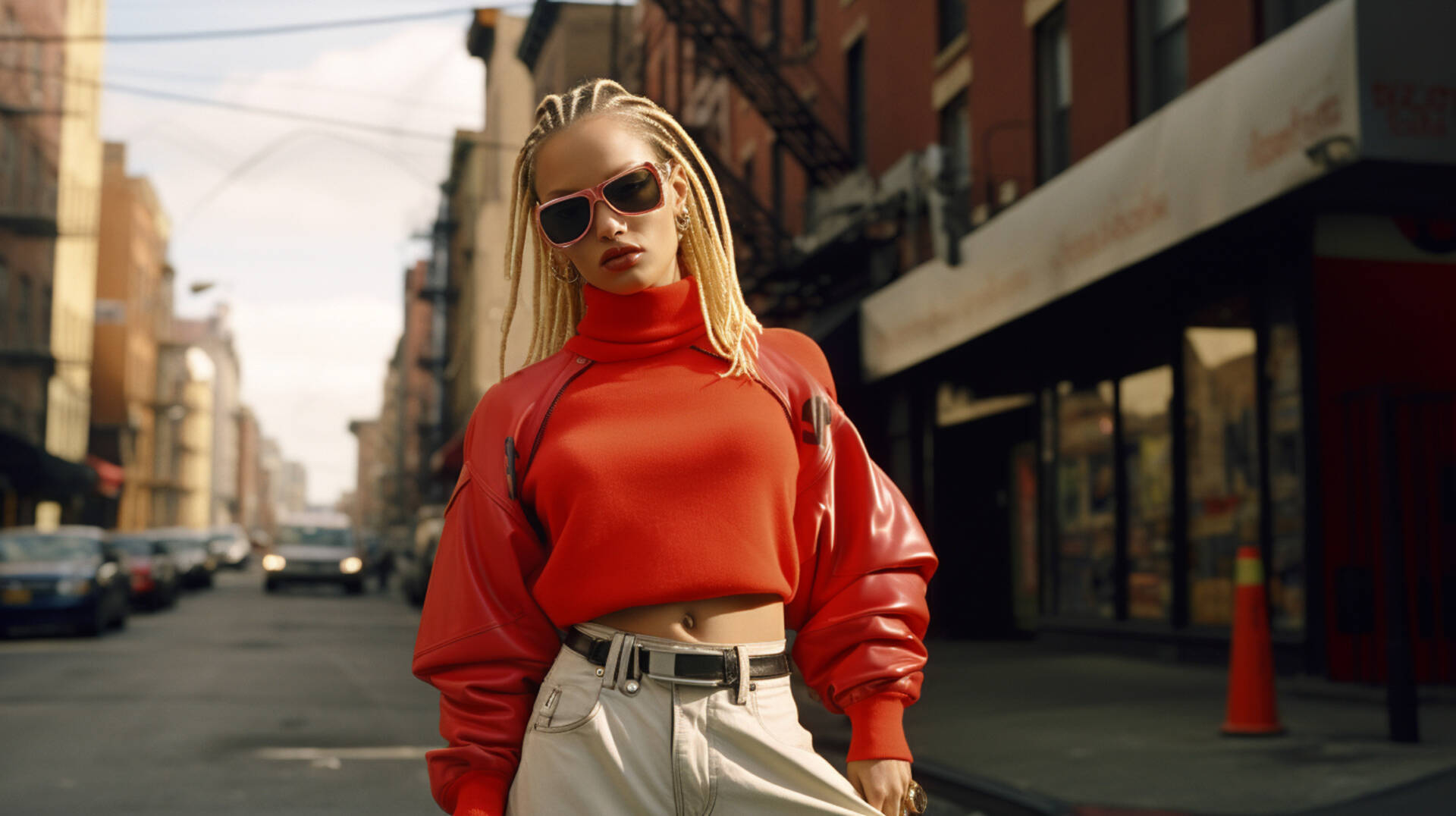 model walking on the street, in the style of hip-hop flair, light bronze and red, the new york school, culturally diverse elements, cybergoth, kodak portra, smilecore --ar 16:9 --v 5.2 Job ID: 925f13ac-f746-4cd8-bd48-300fac1c86a8